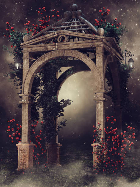 istock Wooden gazebo with roses and vines 646907460