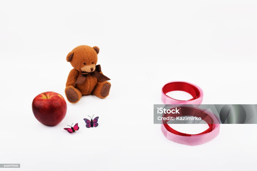 New minimalist objectivity #128 Mock up objects on the white background, topic - International Women's Day. Front view Apple - Fruit Stock Photo