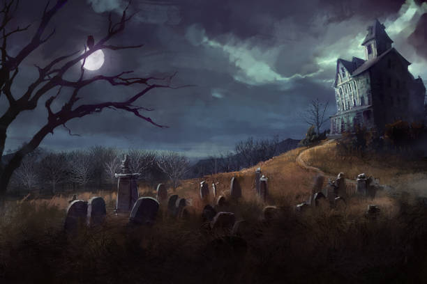хэллоуин тему с могилой двор, и дом ночью - haunted house stock illustrations