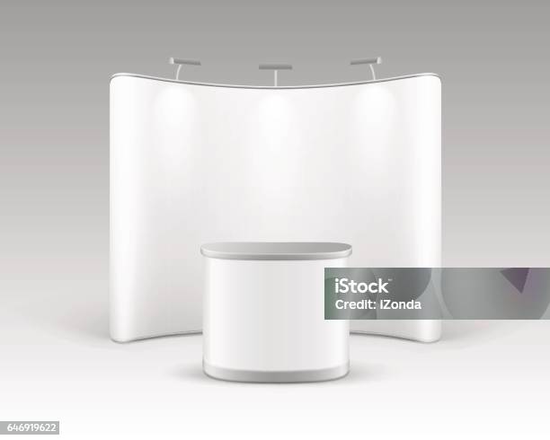 Trade Stand With Promotion Table And Backlights Stock Illustration - Download Image Now - Three Dimensional, Kiosk, Web Banner