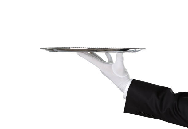 empty silver tray - tray glove butler white imagens e fotografias de stock