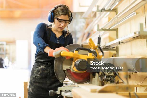 Woman Using Power Tools In A Woodshop Stock Photo - Download Image Now - Carpenter, Women, Carpentry