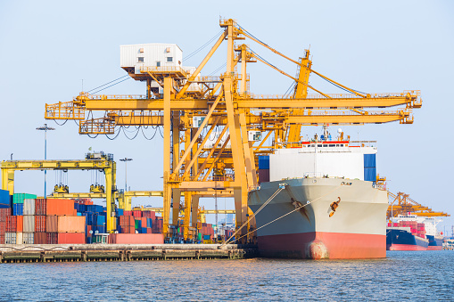 Loading Bridge Container Container Cargo Freight Ship With Crane Loading Bridge In Shipyard ...