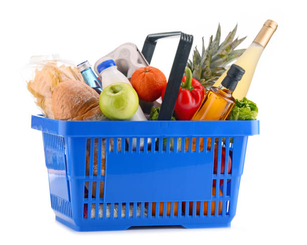 istock Plastic shopping basket with assorted grocery products 646934090