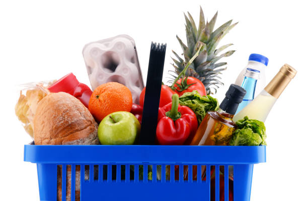 istock Plastic shopping basket with assorted grocery products 646934328