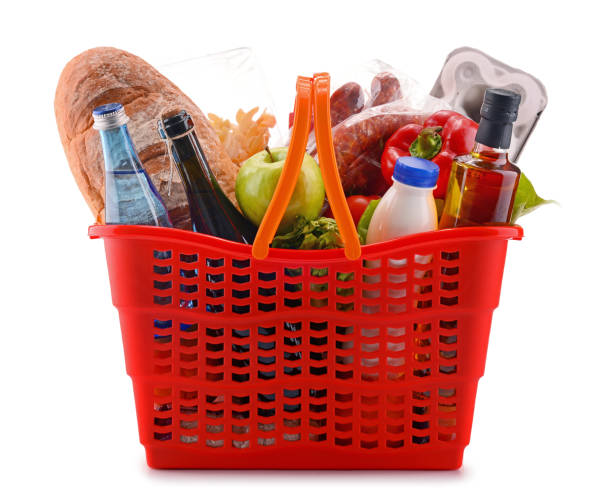 istock Plastic shopping basket with assorted grocery products 646934462