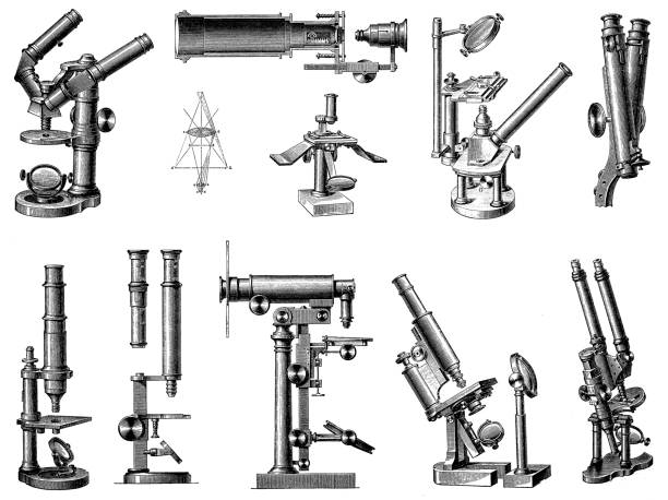Antique illustration engraving of a various microscopes