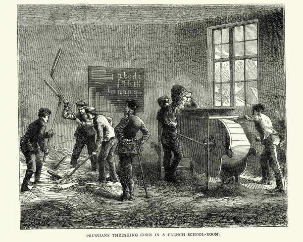 Franco Prussian - Soliders threshing corn Vintage engraving of a scene from the Franco Prussian War. Prussian Soliders threshing corn in a french school room threshing stock illustrations