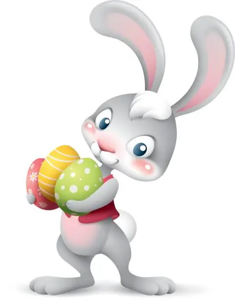 Vector illustration of easter bunny holding pile of eggs