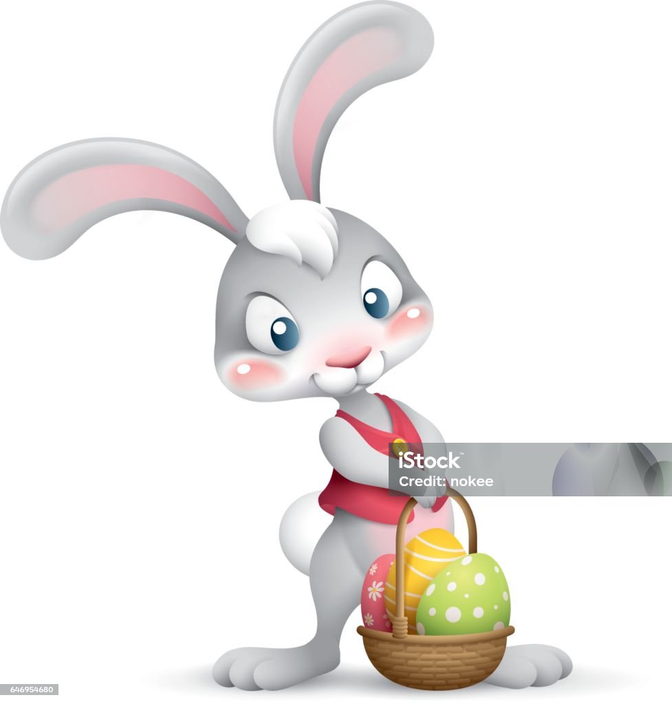 easter bunny holding basket full of eggs cartoon illustration of cute easter bunny holding basket full of eggs Easter Bunny stock vector