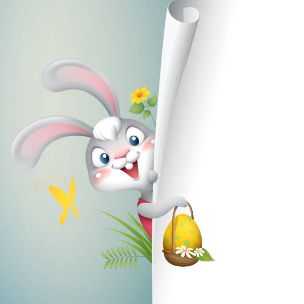 easter bunny page curl - side cartoon illustration of cute easter bunny with page curl for copy space easter easter egg eggs basket stock illustrations