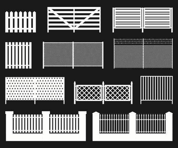 ilustrações, clipart, desenhos animados e ícones de silhuetas de cercas. - non urban scene silhouette fence gate