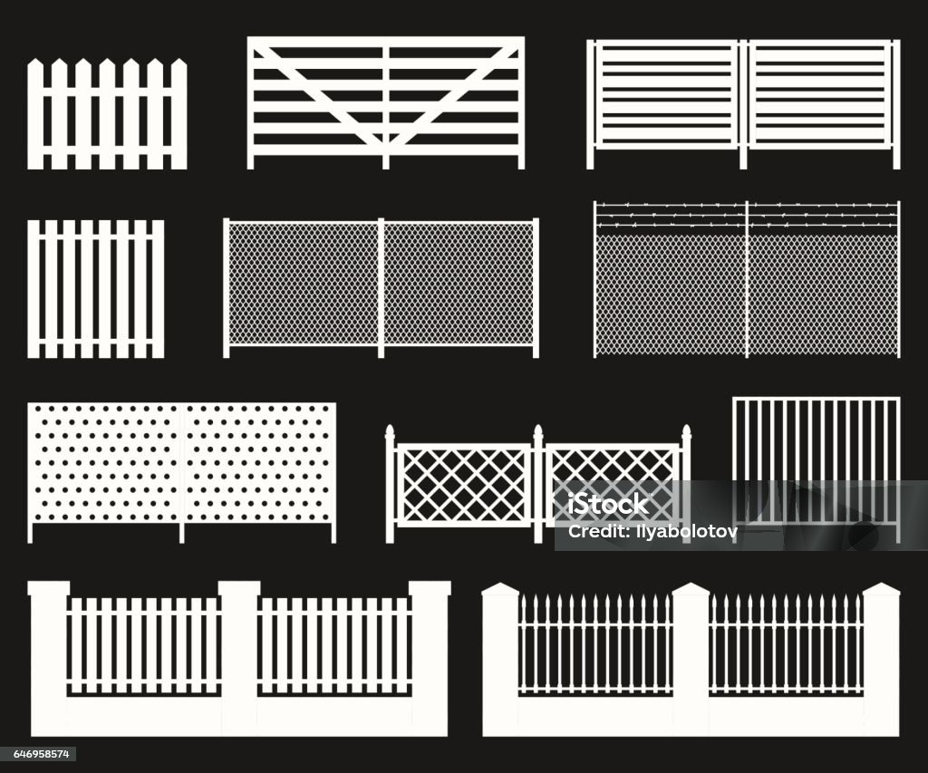 Silhouettes of fences. White color silhouettes of fences on black background. Simple vector icons. Gate stock vector