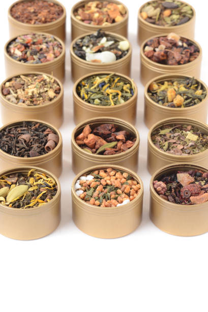 istock closeup rows of organic herbal tea in tins 646966262