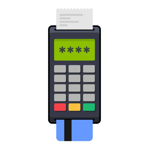ilustrações de stock, clip art, desenhos animados e ícones de payment pos terminal with card. flat style icon. vector - credit card reader