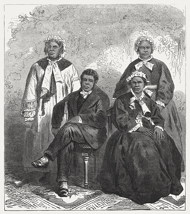 The last purebred aborigines of Tasmania (William Lanne, 2nd from the left, 1835-1869). The Aboriginal Tasmanians (Palawa) was the indigenous people of the Australian state of Tasmania. Wood engraving, published in 1865.