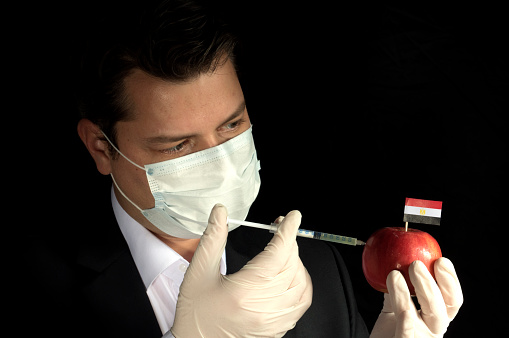 Young businessman injecting chemicals into an apple with Egyptian flag on black background
