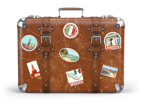 Old suitcase beggage with travel stickers isolated on white background. 3d illustration