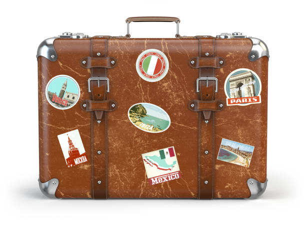 old suitcase baggage with travel stickers isolated on white background. - suitcase label old old fashioned imagens e fotografias de stock