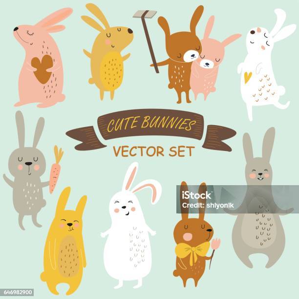 Ilustración de Bunniesvectorset y más Vectores Libres de Derechos de Conejo - Animal - Conejo - Animal, Conejito, Pascua