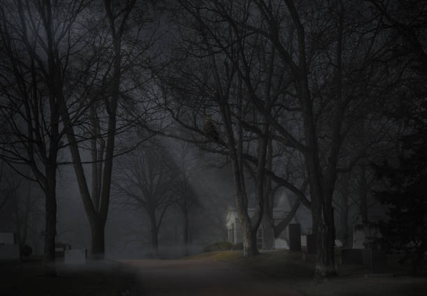 Spooky cemetery at night with fog. Desaturated color.