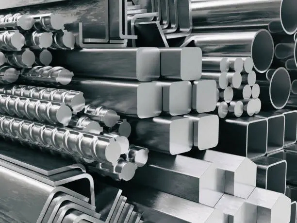 Photo of Metal profiles and tubes. Different stainless steel products.