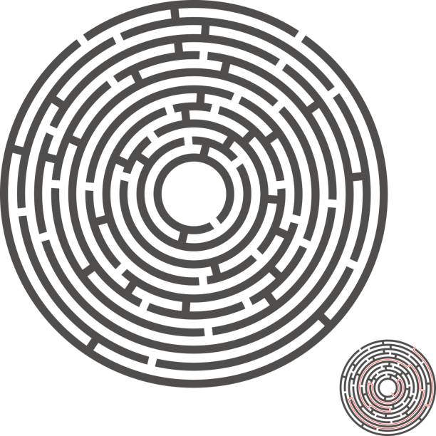 escape circle labyrinth with entry and exit.vector game maze puzzle with solution. background illustration Num.02 circular maze stock illustrations