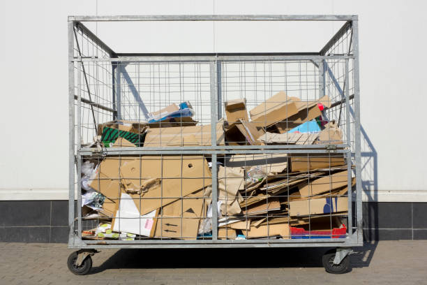 istock The trellised container from galvanized iron for paper and cardboard garbage near a city supermarket. Sunny summer day. Front view 647000328