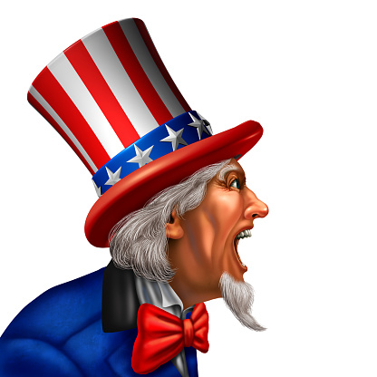 Uncle Sam in a side view yelling or talking on a white background as an American government character communicating a message on a white background with 3D illustration elements.