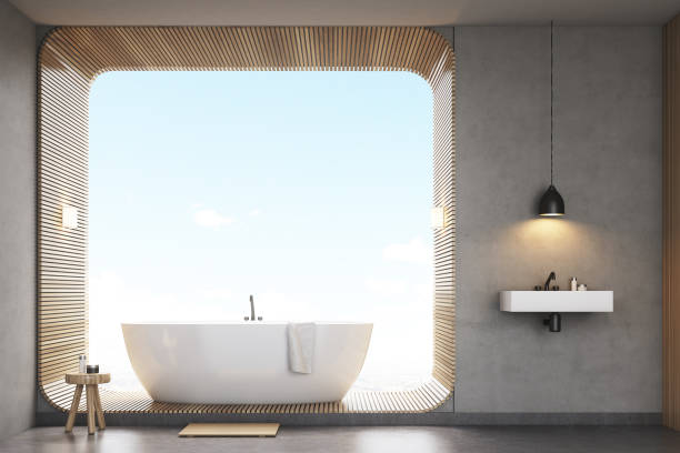 istock Front view of bathroom with wood 647004606