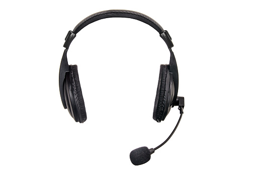 black headset with microphone, on white background, isolated