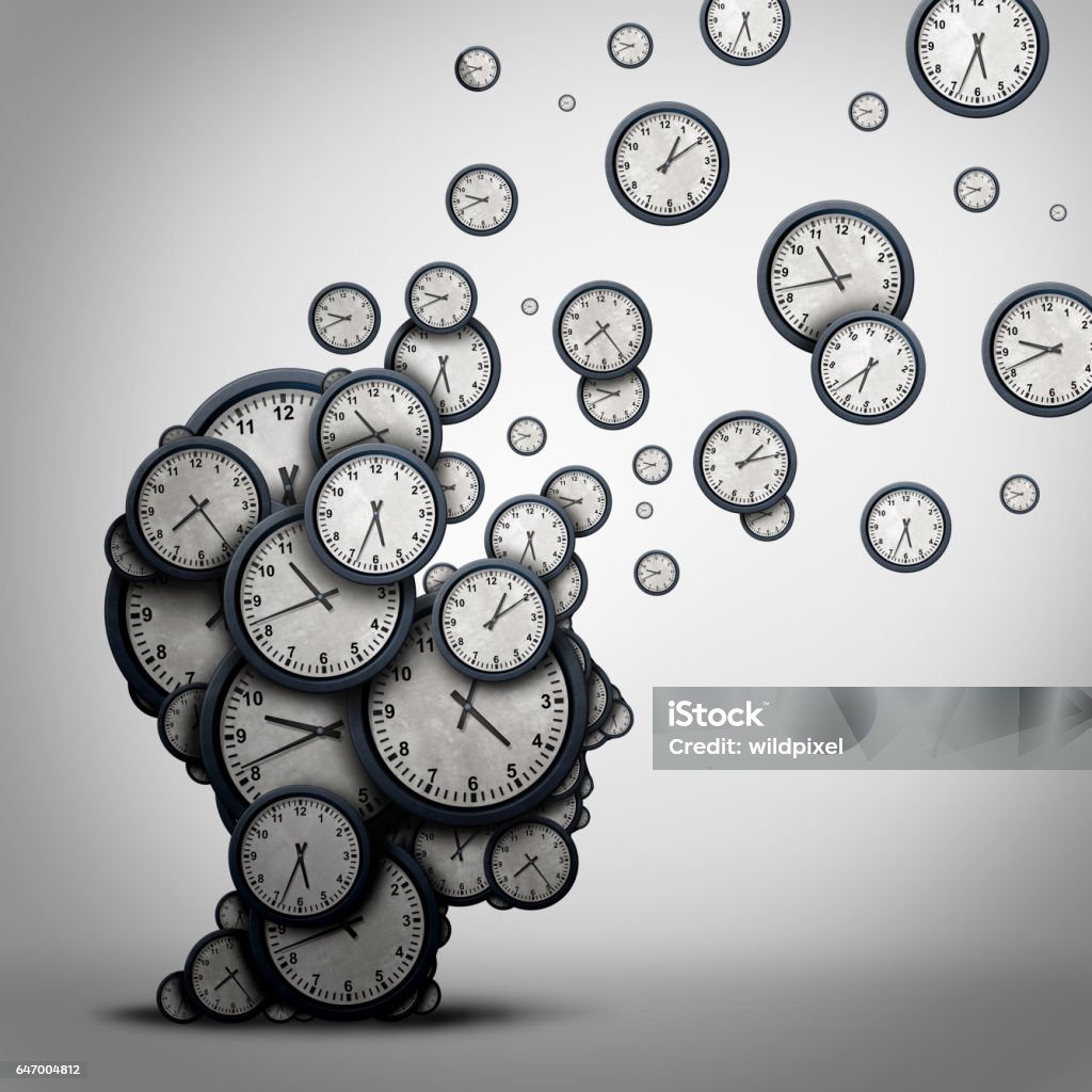 Planning Time Concept Planning time business concept or wasting minutes as a group of timepieces or clocks shaped as a human head as a health symbol for psychology or scheduling pressure and dementia or loss and aging as a 3D illustration. Time Stock Photo