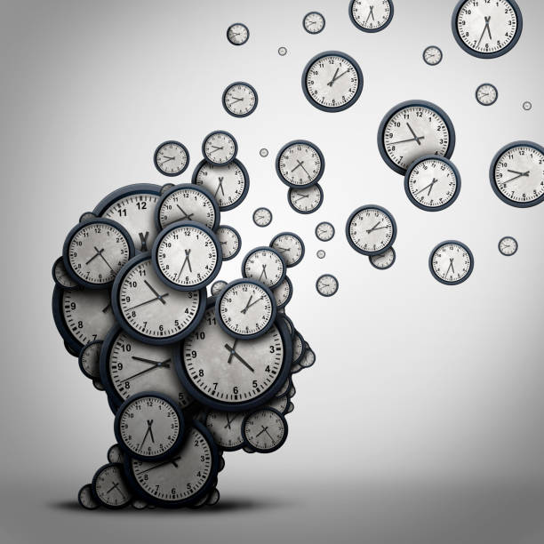 Planning Time Concept Planning time business concept or wasting minutes as a group of timepieces or clocks shaped as a human head as a health symbol for psychology or scheduling pressure and dementia or loss and aging as a 3D illustration. time stock pictures, royalty-free photos & images
