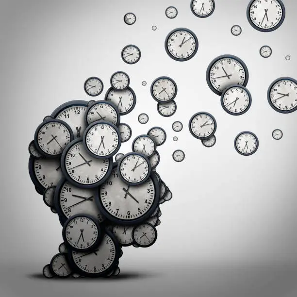 Planning time business concept or wasting minutes as a group of timepieces or clocks shaped as a human head as a health symbol for psychology or scheduling pressure and dementia or loss and aging as a 3D illustration.