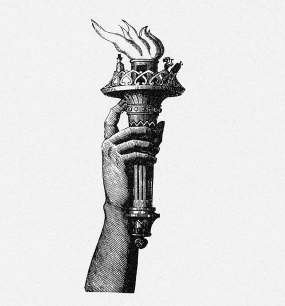 illustrations, cliparts, dessins animés et icônes de statue de de la liberté, gravure de style victorien, 1878 - statue of liberty liberty statue flaming torch