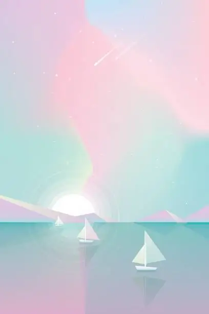 Vector illustration of Colorful summertime sky with yachts