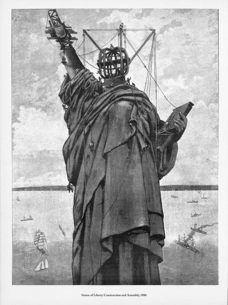 Beautifully Illustrated Antique Engraved Victorian Illustration of Statue of Liberty Construction and Assembly Victorian Engraving, 1886. Source: Original edition from my own archives. Copyright has expired on this artwork. Digitally restored.