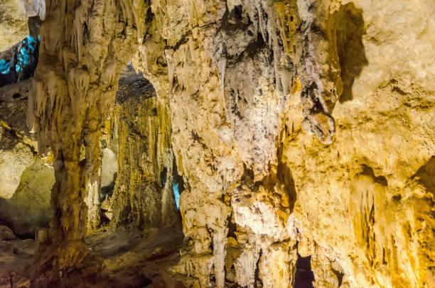 Stalactites and stalagmites Stalactites and stalagmites detail in the Cave of Nerja, Malaga, Andalusia, Spain nerja caves stock pictures, royalty-free photos & images