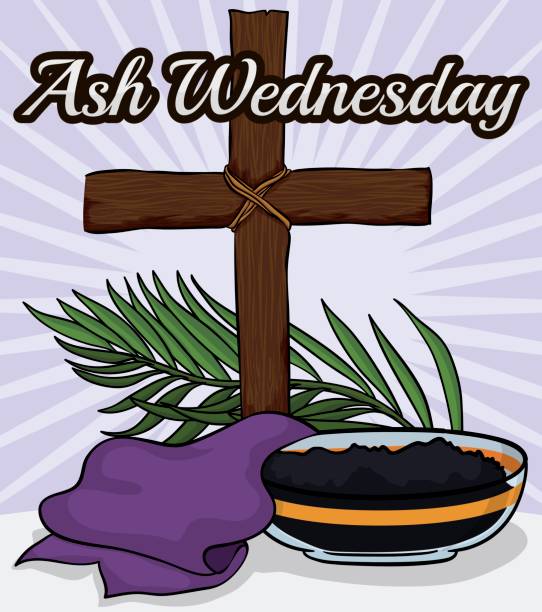 ilustrações de stock, clip art, desenhos animados e ícones de wooden cross, stole, palm branch and bowl for ash wednesday - quarta feira de cinzas