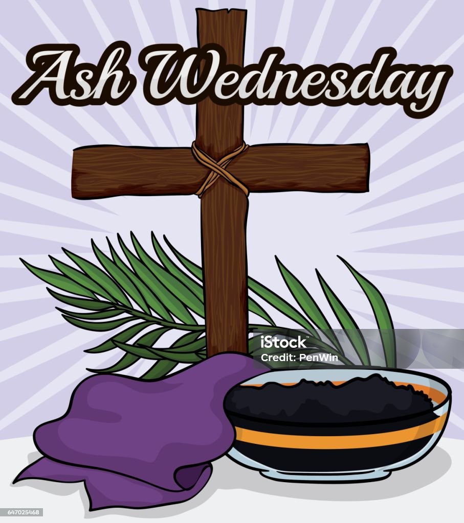 Wooden Cross Stole Palm Branch And Bowl For Ash Wednesday Stock ...