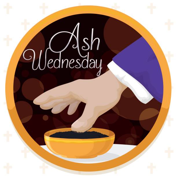 ilustrações de stock, clip art, desenhos animados e ícones de ash wednesday design with button, priest hand and blessed ashes - quarta feira de cinzas