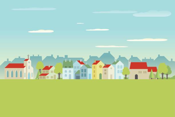 Village Houses, Trees and Church in Flat Design. street illustrations stock illustrations
