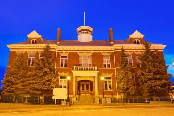 Courthouse in Kenora Ontario Canada Stock photo of the illuminated courthouse in downtown Kenora, Ontario, Canada at twilight blue hour. kenora stock pictures, royalty-free photos & images