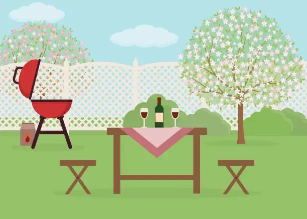 Vector illustration of Spring picnic in garden. Resting in a sunny day.