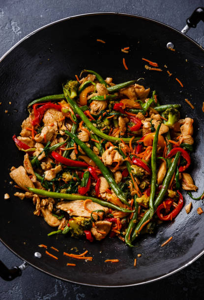 istock Stir-fried chicken with green beans in wok close-up 647035860