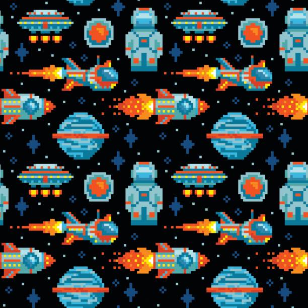Pixel art. Space seamless pattern Pixel art. Space seamless pattern. Planet, spaceship, rocket, astronaut, UFO. Space background. rocketship patterns stock illustrations