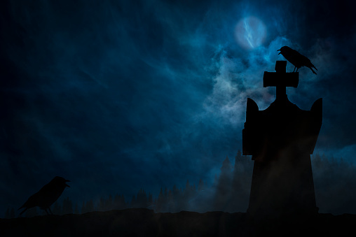 dark background with gravestone and raven in foggy night