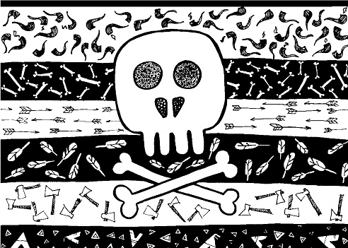 Doodle Indian Tribal Skull. Vector Illustration of Boho Style Design. Hand Drawn Sketch. Black and White.