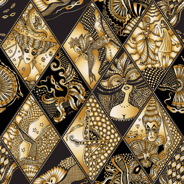 Abstract Masquerade ornament. Carnival Party seamless pattern. Harlequin rhombus. Mardi Gras holiday. Black and golden hand drawn doodle sketch. Ornaments, feathers, checkered texture Abstract Masquerade ornament. Carnival Party seamless pattern. Harlequin rhombus. Mardi Gras holiday. Black and golden hand drawn doodle sketch. Ornaments, feathers, checkered texture vintage garter belt stock illustrations