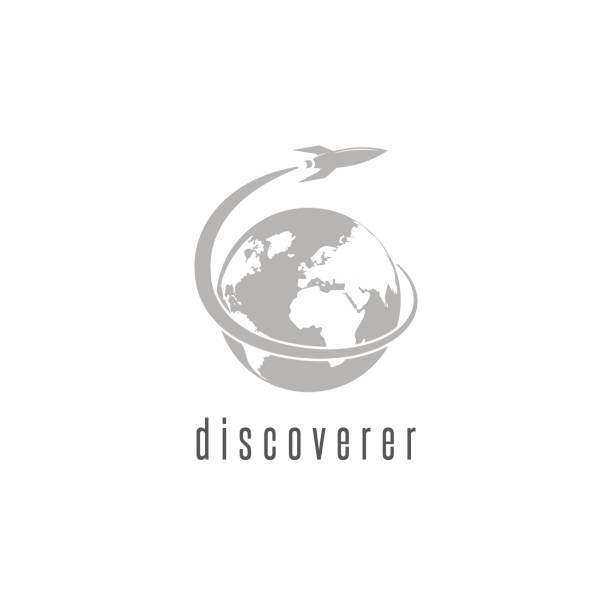ilustrações, clipart, desenhos animados e ícones de foguete logotipo mundo descoberta espacial nave espacial, emblema internacional dia voo espacial humano - globe earth speed world map